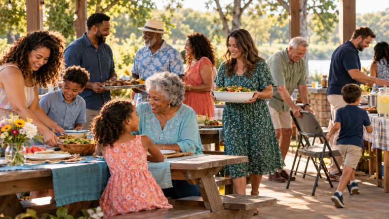 Multigenerational family sharing responsibilities at an outdoor family reunion