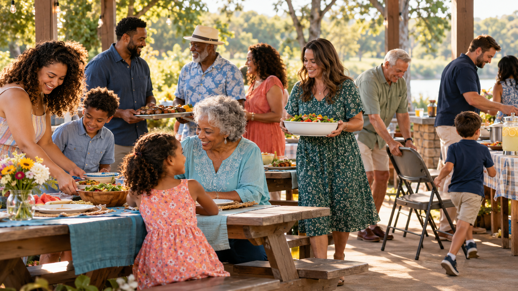 Multigenerational family sharing responsibilities at an outdoor family reunion