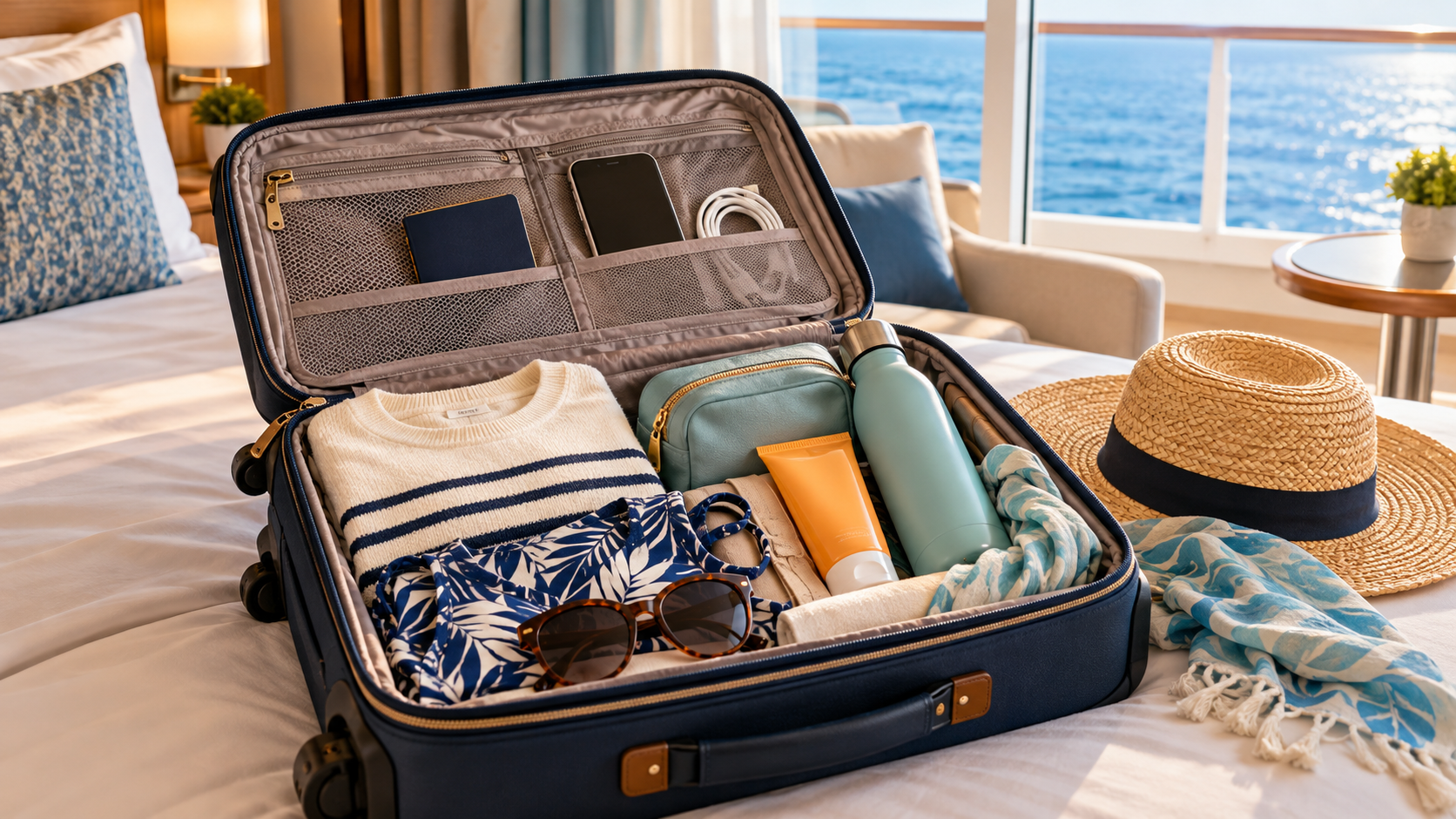 Open cruise carry-on bag packed with embarkation-day essentials