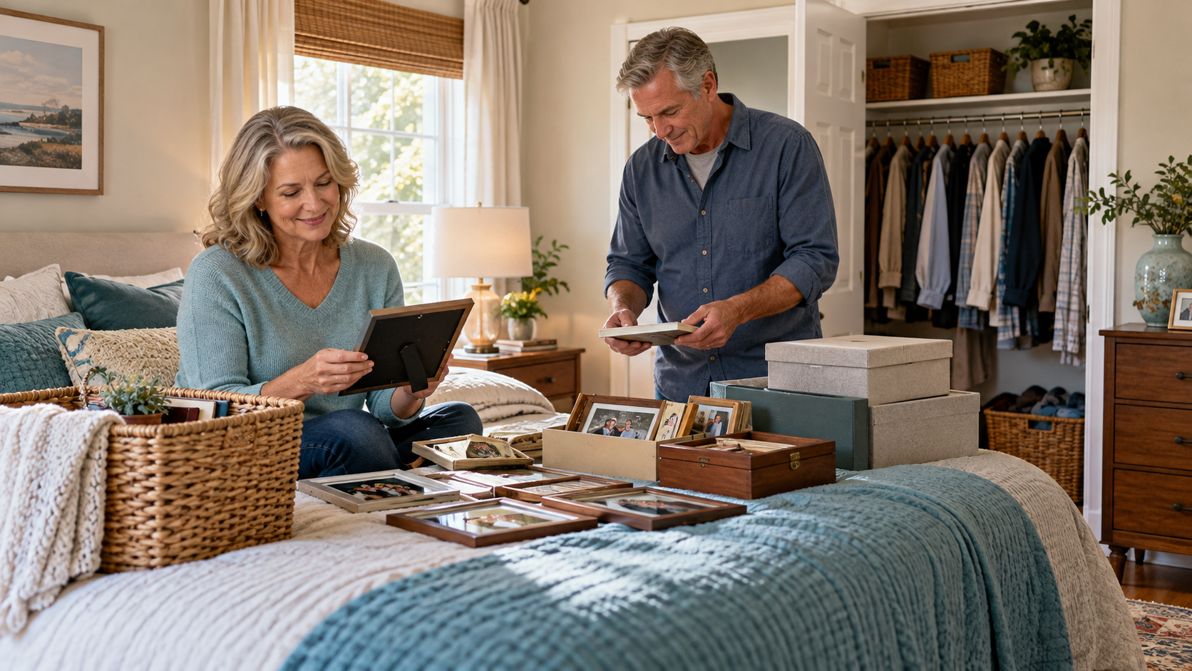 Couple sorting family photographs and keepsakes in an empty-nester bedroom