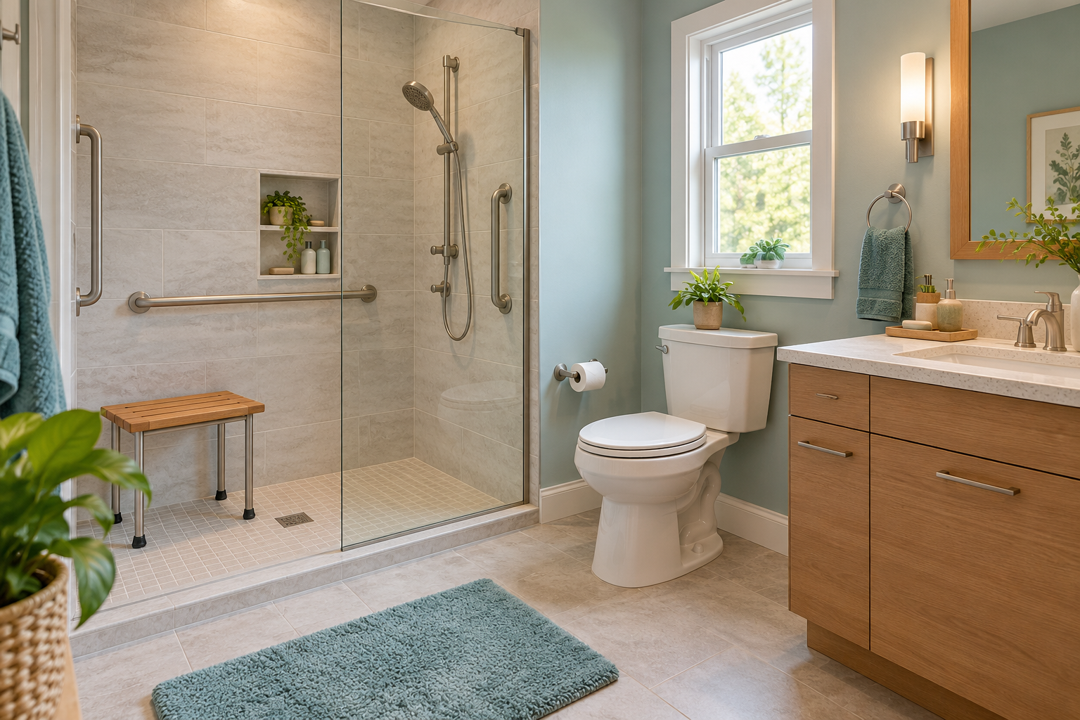 Bathroom with grab bars, walk-in shower and other safety features for adults over 50