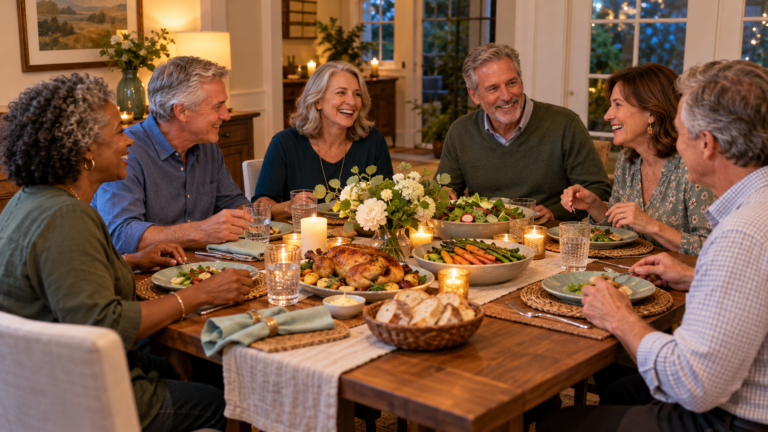 Six adults over 50 enjoying a relaxed dinner party at home